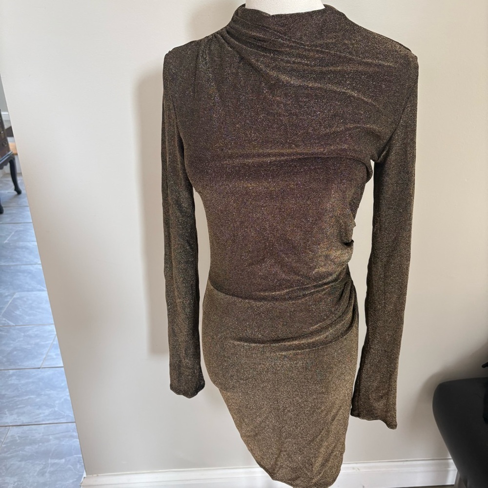H&M Metallic Ruched Bodycon Dress Long Sleeve Mesh Sz XS Gold Black Shimmer